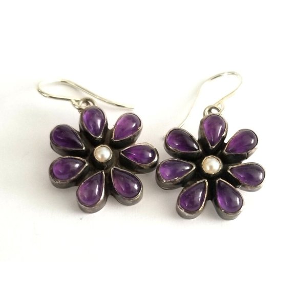 Beautiful Artisan Made Sterling Silver Amethyst & Pearl Floral Earrings JS 55 - Picture 1 of 3